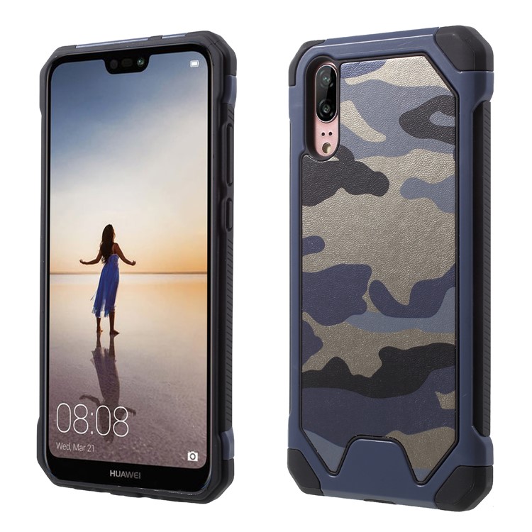 Camouflage Pattern PU Leather Coated PC TPU Hybrid Back Phone Shell for Huawei P20 - Blue-1