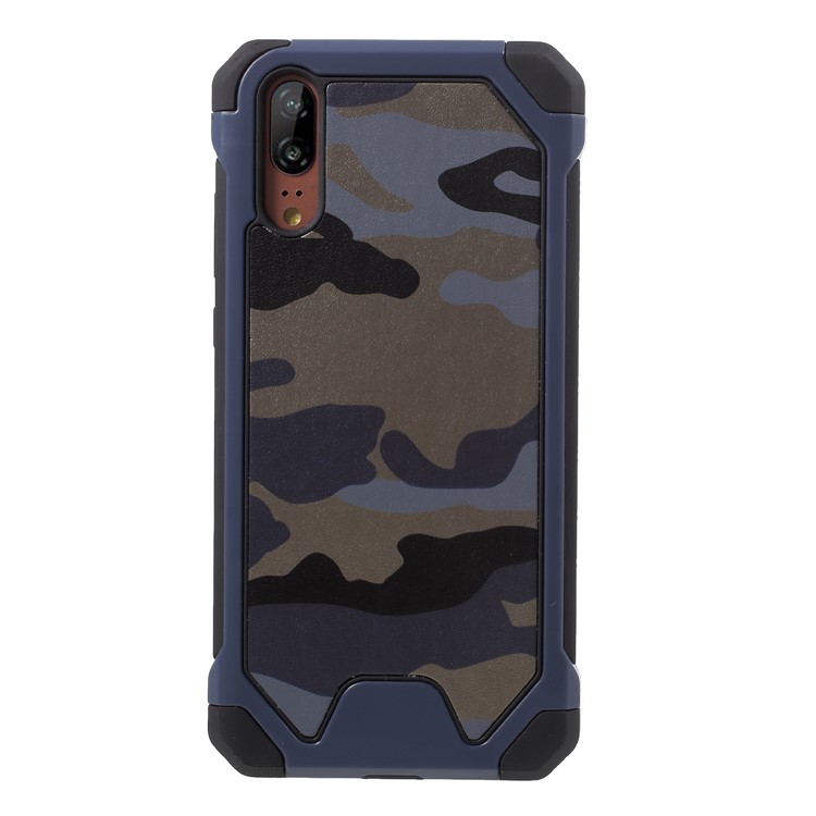 Camouflage Pattern PU Leather Coated PC TPU Hybrid Back Phone Shell for Huawei P20 - Blue-2