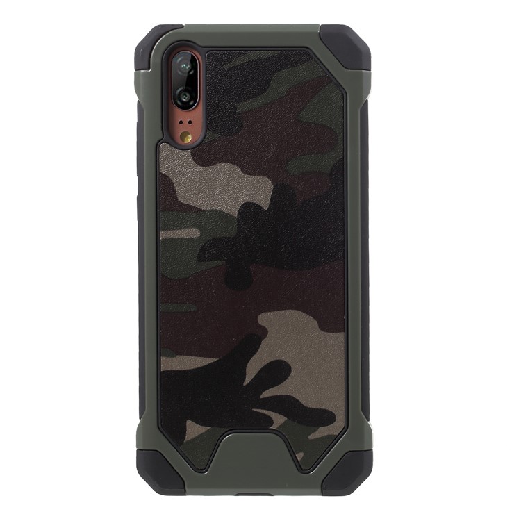 Camouflage Pattern PU Leather Coated TPU PC Combo Case Cover for Huawei P20 - Green-1