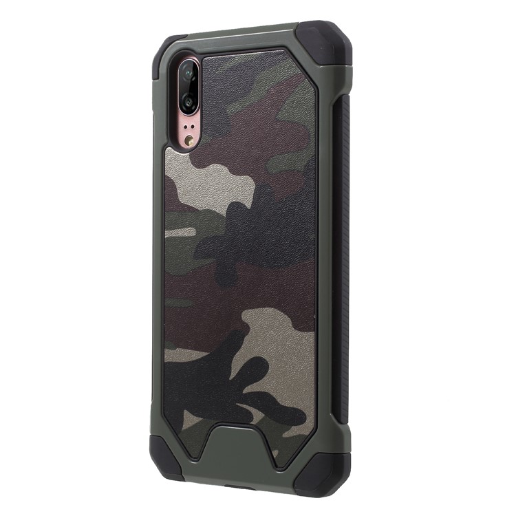 Camouflage Pattern PU Leather Coated TPU PC Combo Case Cover for Huawei P20 - Green-3