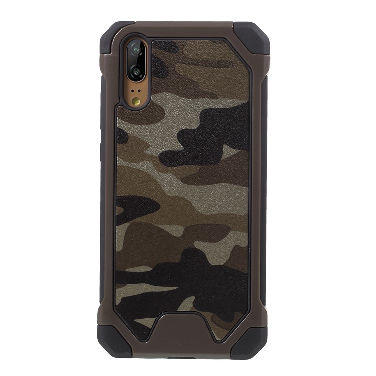 Padrão De Camuflagem PU Revestido De Couro TPU PC Híbrido Caso De Telefone Acessório Para Huawei P20 - Castanho-1
