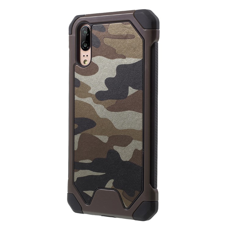 Padrão De Camuflagem PU Revestido De Couro TPU PC Híbrido Caso De Telefone Acessório Para Huawei P20 - Castanho-3