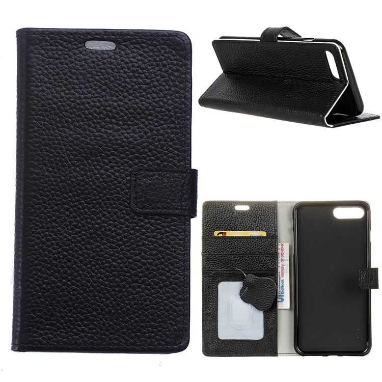 Litchi Texture Genuine Leather Wallet Case for Huawei Honor 10 - Black-1