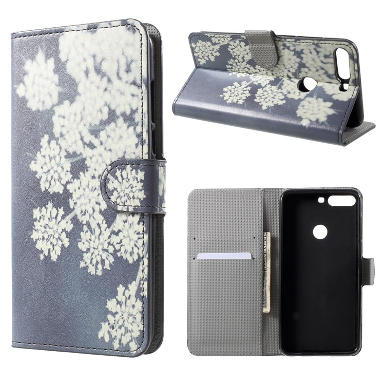 Pattern Printing Wallet Stand Leather Phone Case for Huawei Honor 7C / Enjoy 8 - White Blooming Flower-1