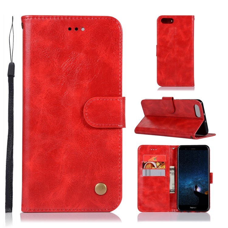 Premium Vintage Leather Wallet Stand Shell for Huawei Honor V10/View 10 - Red-1