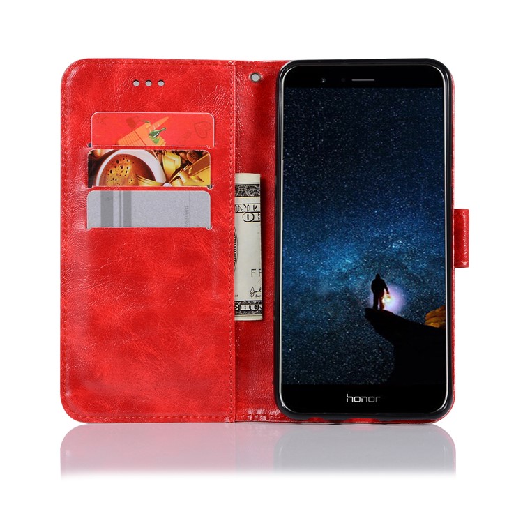 Premium Vintage Leather Wallet Stand Shell for Huawei Honor V10/View 10 - Red-4