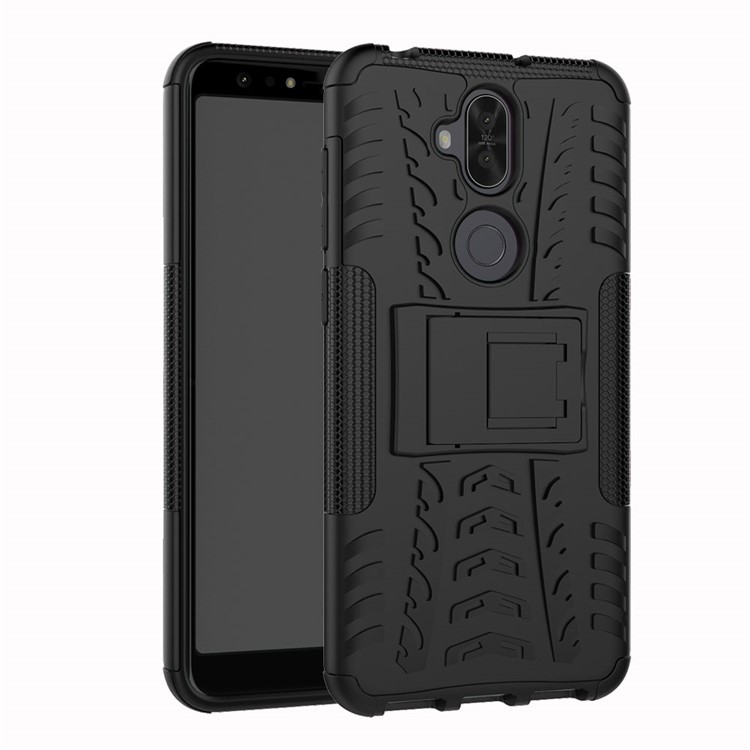 Anti-slip Tyre Pattern PC + TPU Hybrid Case with Kickstand for Asus Zenfone 5 Lite ZC600KL - Black-1