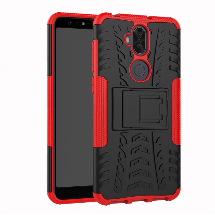 Anti-slip Tyre Pattern PC + TPU Hybrid Back Case with Kickstand for Asus Zenfone 5 Lite ZC600KL - Red-1