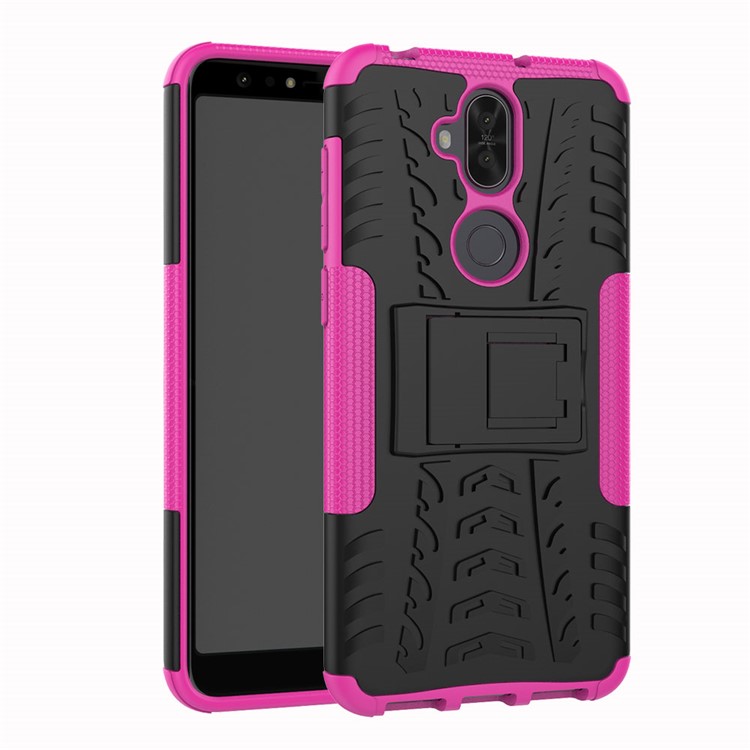Anti-slip Tyre Pattern PC + TPU Hybrid Kickstand Case for Asus Zenfone 5 Lite ZC600KL - Rose-1