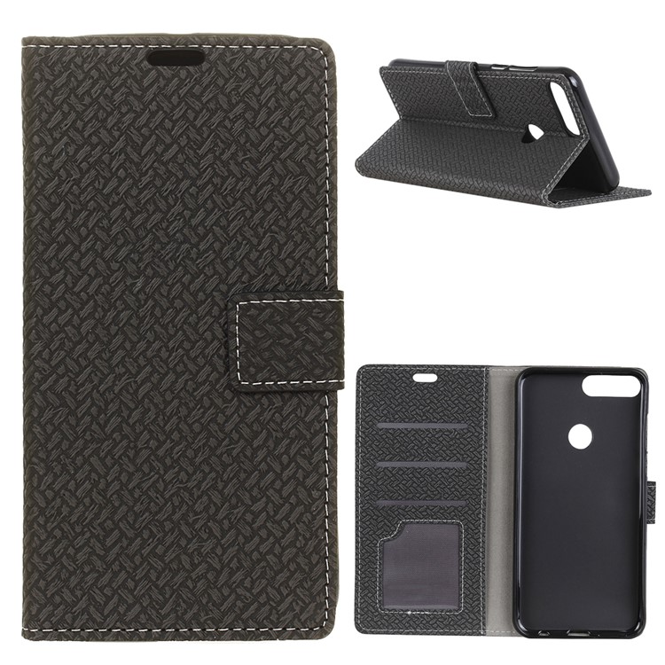 Woven Pattern Leather Wallet Case for Huawei Enjoy 8/Honor 7C /Y7 Prime (2018) - Black-1