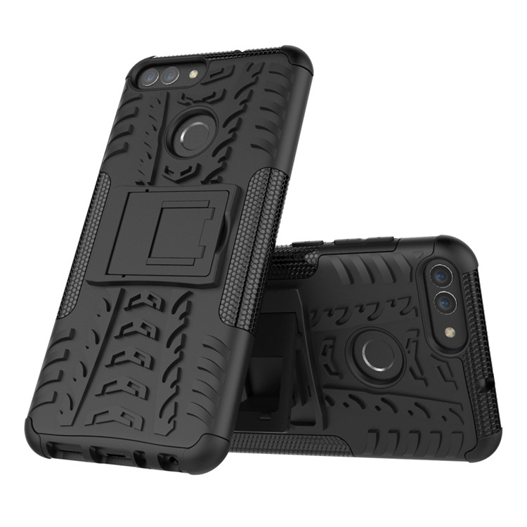 PC Antiscivolo + Custodia Ibrida In Silicone Con Cavalletti Per Huawei P Smart / Goditi 7s. - Nero