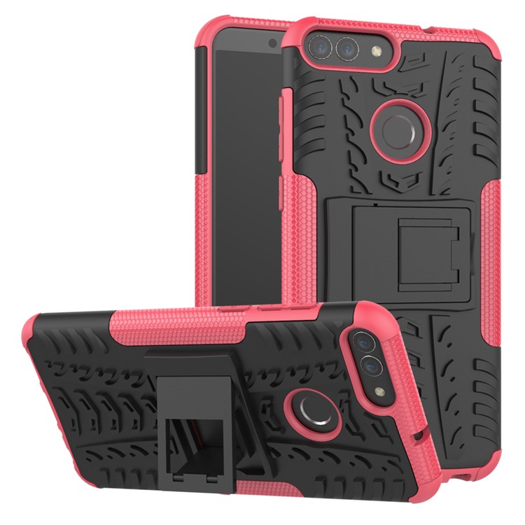 Anti-slip PC + Silicone Hybrid Cell Phone Case with Kickstand for Huawei P Smart / Enjoy 7S - Rose-1