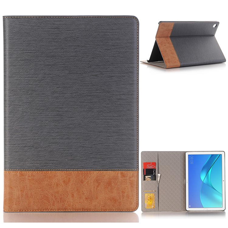 Bi-color Stripe Leather Wallet Stand Case for Huawei MediaPad M5 10/10 (Pro) - Grey-1