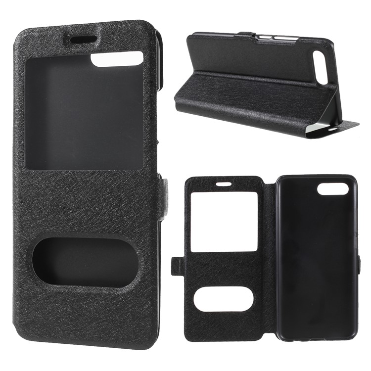 Silk Texture Dual Window PU Leather Phone Case for Huawei Honor 10 - Black-1