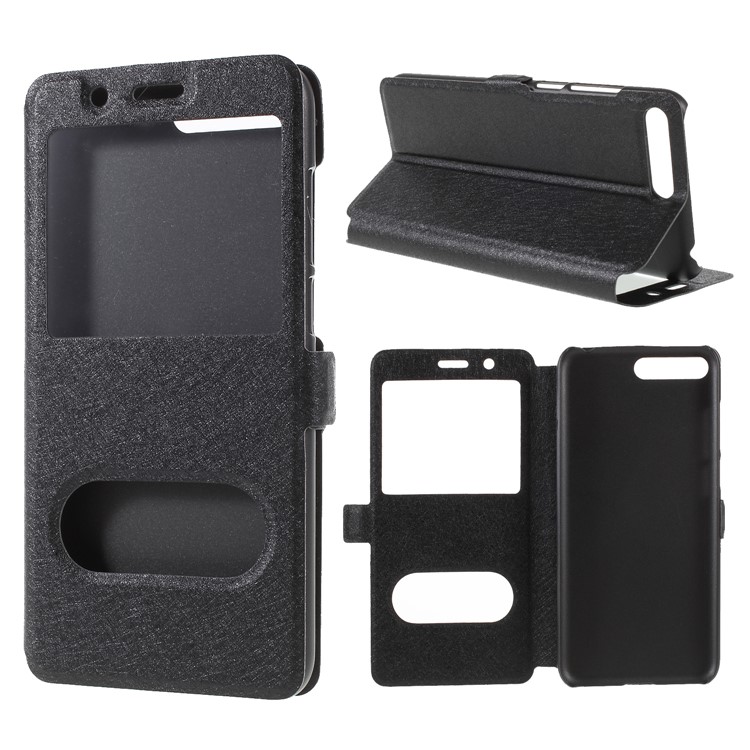 Silk Texture Dual Window Leather Flip Stand Mobile Phone Shell for Huawei Y6 (2018)/Honor 7A (without Fingerprint Sensor) - Black-1