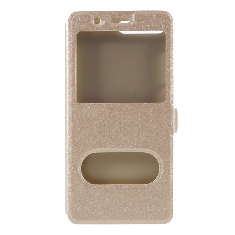 Silk Texture Dual Window Leather Flip Stand Mobile Phone Casing Shell for Huawei Y6 (2018)/Honor 7A (without Fingerprint Sensor) - Gold-1