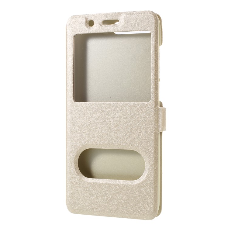 Silk Texture Dual Window Leather Flip Stand Mobile Phone Casing Shell for Huawei Y6 (2018)/Honor 7A (without Fingerprint Sensor) - Gold-3
