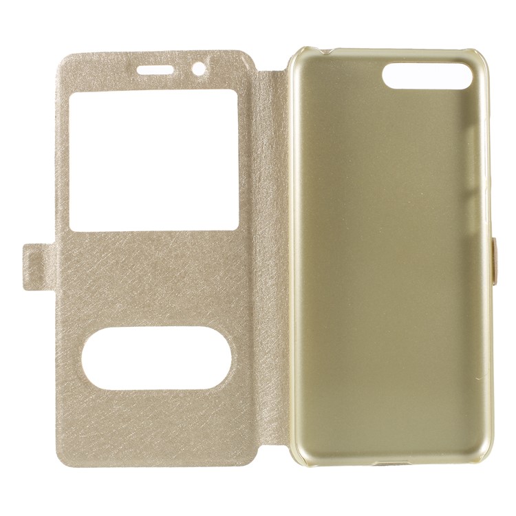Silk Texture Dual Window Leather Flip Stand Mobile Phone Casing Shell for Huawei Y6 (2018)/Honor 7A (without Fingerprint Sensor) - Gold-6