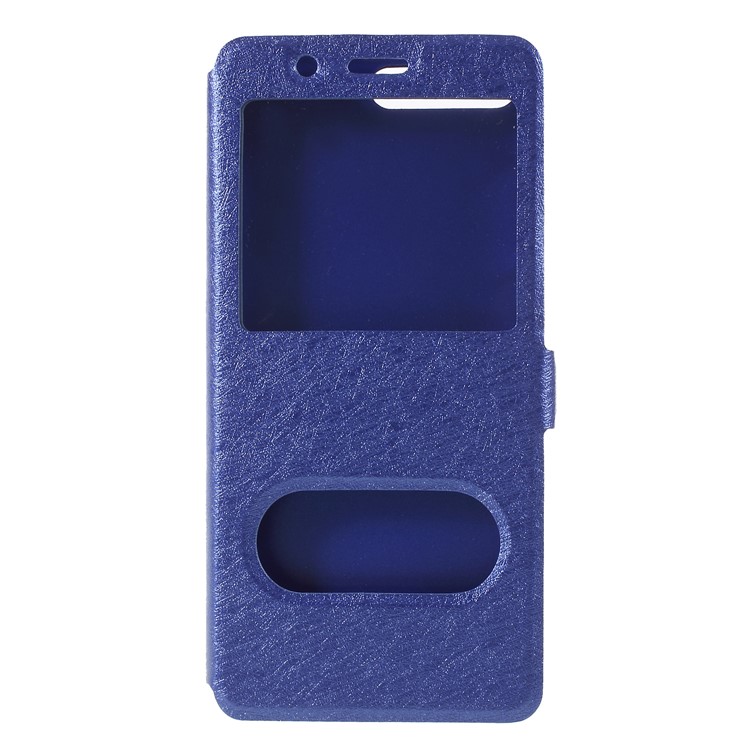 Silk Texture Dual Window Leather Flip Stand Mobile Phone Accessory Shell for Huawei Y6 (2018)/Honor 7A (without Fingerprint Sensor) - Blue-1