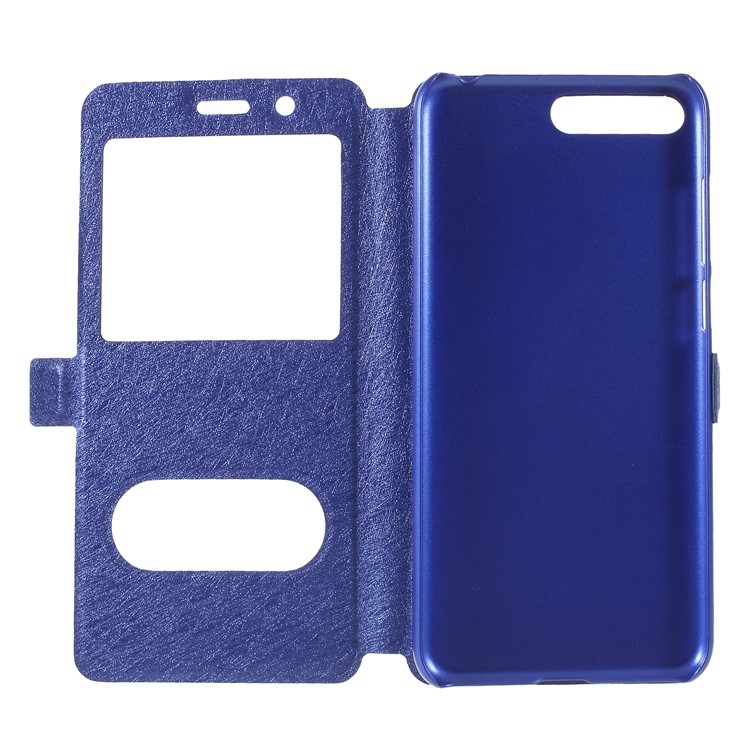 Silk Texture Dual Window Leather Flip Stand Mobile Phone Accessory Shell for Huawei Y6 (2018)/Honor 7A (without Fingerprint Sensor) - Blue-6