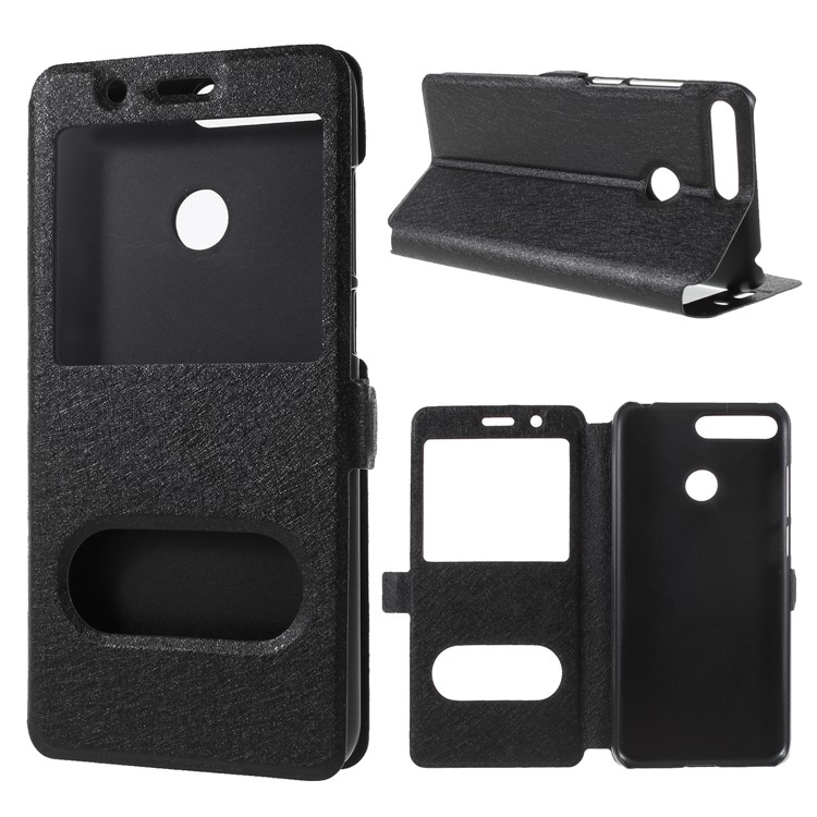 Silk Texture Dual Window PU Leather Stand Cell Phone Cover for Huawei Honor 7A (with Fingerprint Sensor)/Honor 7A Pro/Enjoy 8e - Black-1