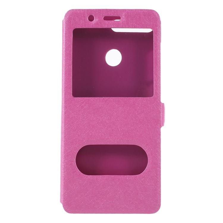 Silk Texture Dual Window PU Leather Stand Cell Phone Case Cover for Huawei Honor 7A (with Fingerprint Sensor)/Honor 7A Pro/Enjoy 8e - Rose-1