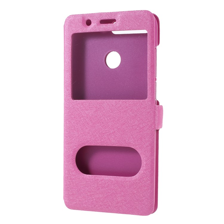 Silk Texture Dual Window PU Leather Stand Cell Phone Case Cover for Huawei Honor 7A (with Fingerprint Sensor)/Honor 7A Pro/Enjoy 8e - Rose-3