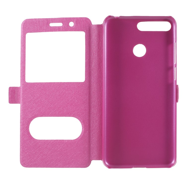 Silk Texture Dual Window PU Leather Stand Cell Phone Case Cover for Huawei Honor 7A (with Fingerprint Sensor)/Honor 7A Pro/Enjoy 8e - Rose-6