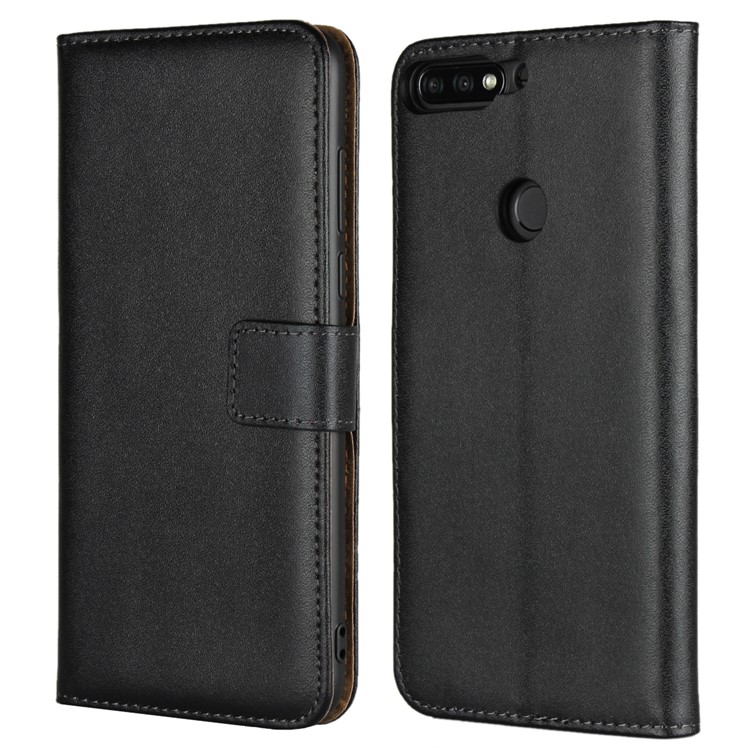Genuine Leather Wallet Stand Phone Case for Huawei Honor 7C / Enjoy 8 - Black-1