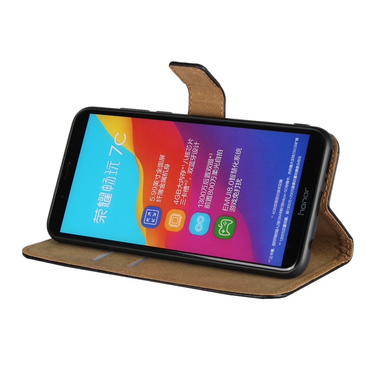 Genuine Leather Wallet Stand Phone Case for Huawei Honor 7C / Enjoy 8 - Black-4