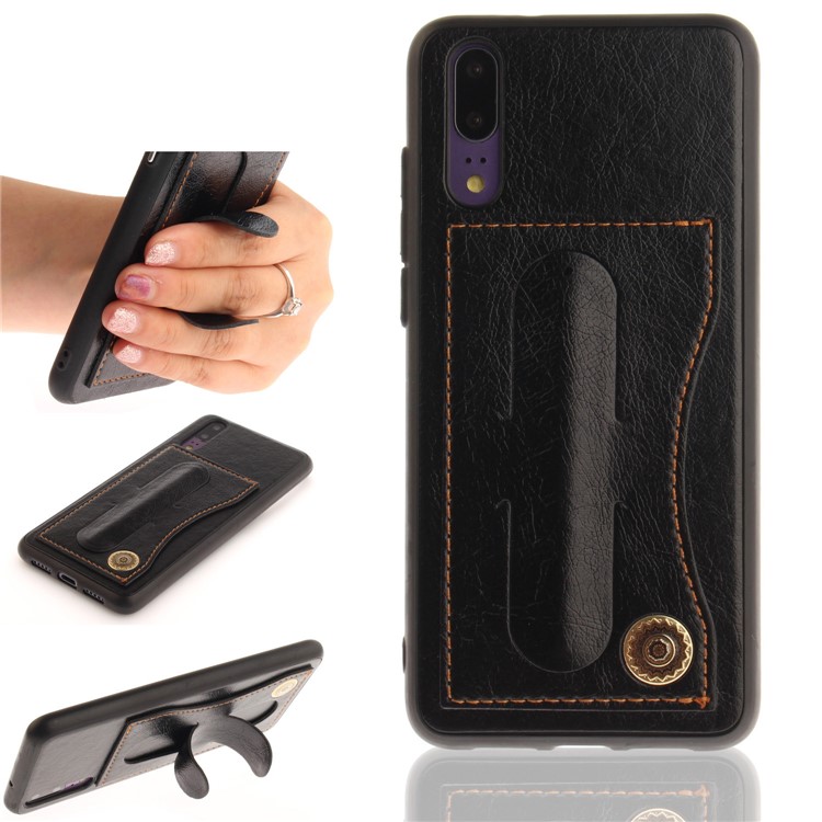 Card Holder PU Leather Coated TPU Case with Kickstand for Huawei P20 - Black-1