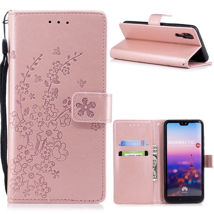 Imprint Flower Wallet Leather Stand Case for Huawei P20 - Rose Gold-1