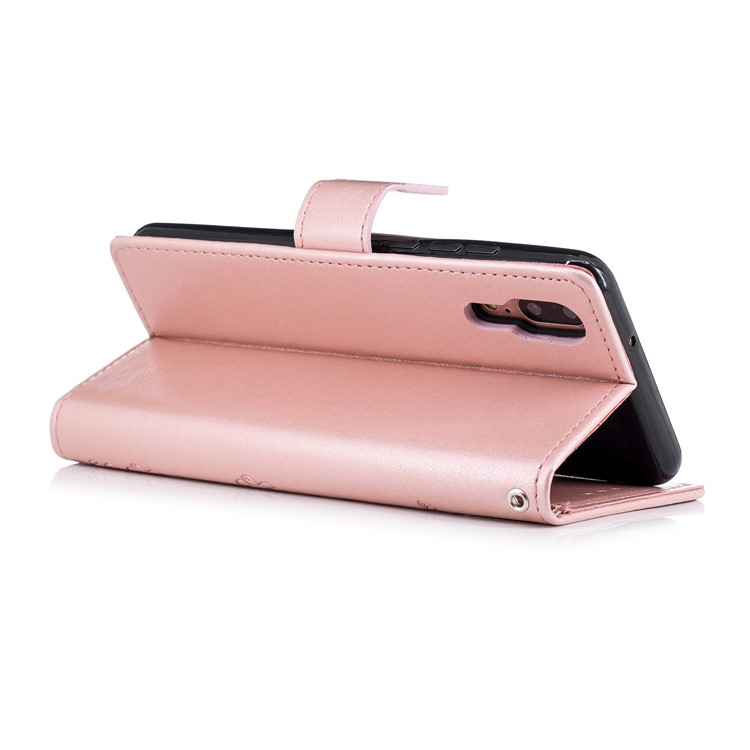 Imprint Flower Wallet Leather Stand Case for Huawei P20 - Rose Gold-4