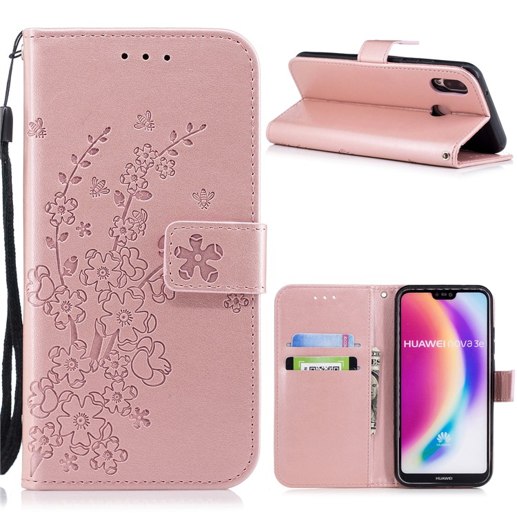 Imprinted Plum Blossom Leather Wallet Stand Case for Huawei P20 Lite / Nova 3e - Rose Gold-1
