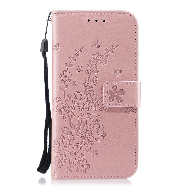 Imprinted Plum Blossom Leather Wallet Stand Case for Huawei P20 Lite / Nova 3e - Rose Gold-2
