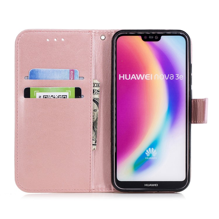 Imprinted Plum Blossom Leather Wallet Stand Case for Huawei P20 Lite / Nova 3e - Rose Gold-8