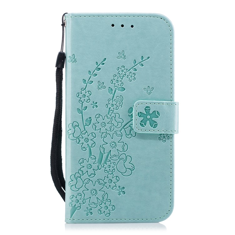 Imprinted Plum Blossom Leather Wallet Mobile Case for Huawei P20 Lite / Nova 3e - Cyan-1