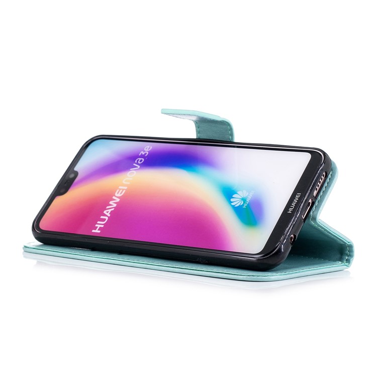Imprinted Plum Blossom Leather Wallet Mobile Case for Huawei P20 Lite / Nova 3e - Cyan-4