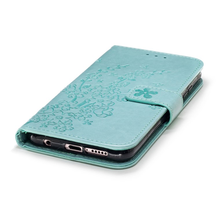 Imprinted Plum Blossom Leather Wallet Mobile Case for Huawei P20 Lite / Nova 3e - Cyan-5
