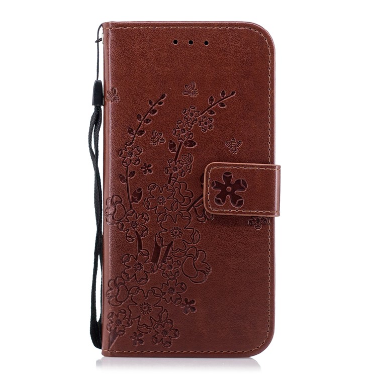 Imprinted Plum Blossom Leather Wallet Case Accessory for Huawei P20 Lite / Nova 3e - Brown-1