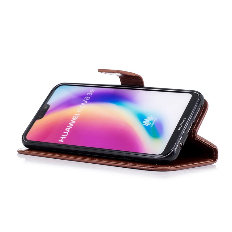 Imprinted Plum Blossom Leather Wallet Case Accessory for Huawei P20 Lite / Nova 3e - Brown-4