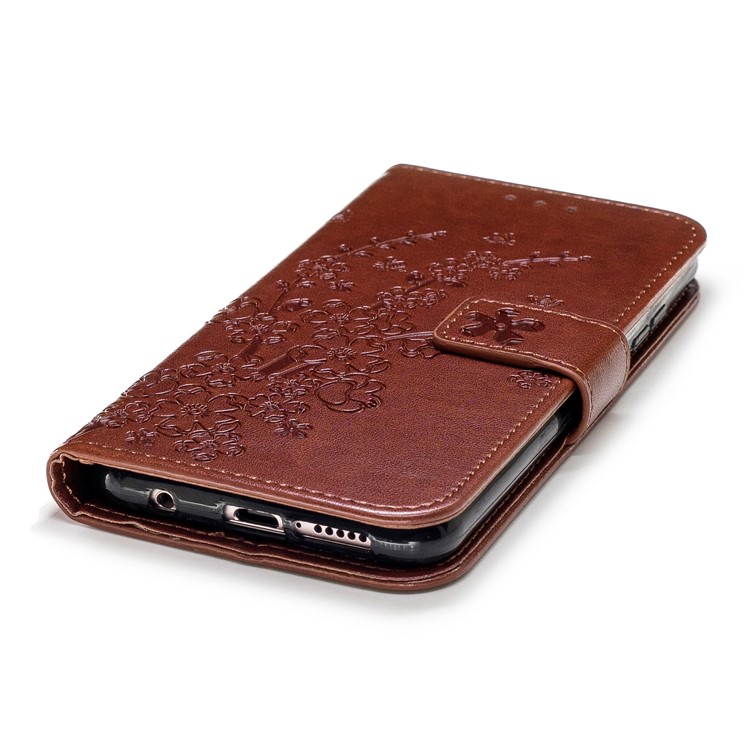 Imprinted Plum Blossom Leather Wallet Case Accessory for Huawei P20 Lite / Nova 3e - Brown-5