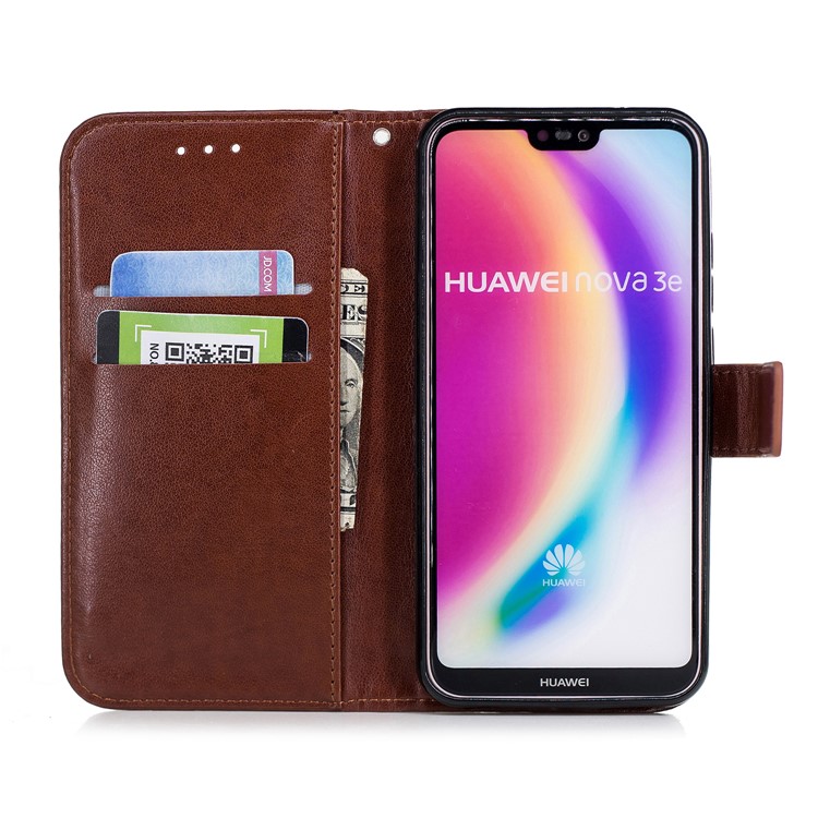 Imprinted Plum Blossom Leather Wallet Case Accessory for Huawei P20 Lite / Nova 3e - Brown-7