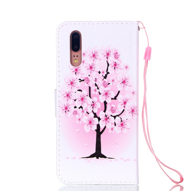 Patterned Leather Wallet Stand Case with Lanyard for Huawei P20 - Plum Blossom-2