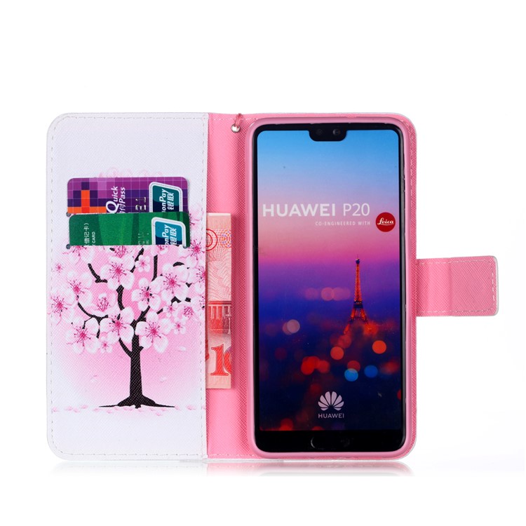 Patterned Leather Wallet Stand Case with Lanyard for Huawei P20 - Plum Blossom-3