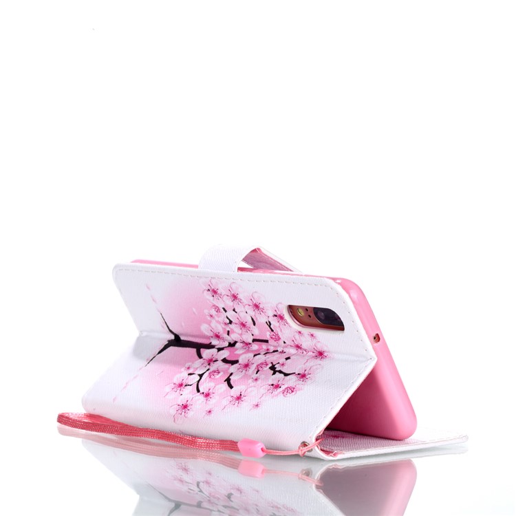 Patterned Leather Wallet Stand Case with Lanyard for Huawei P20 - Plum Blossom-5
