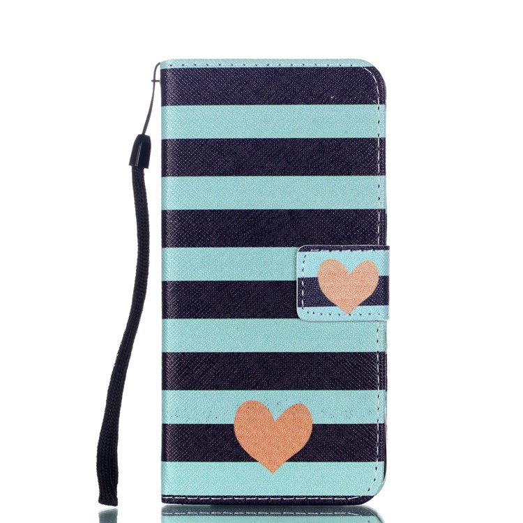 Patterned Leather Wallet Stand Cover with Lanyard for Huawei P20 - Stripes and Hearts-1
