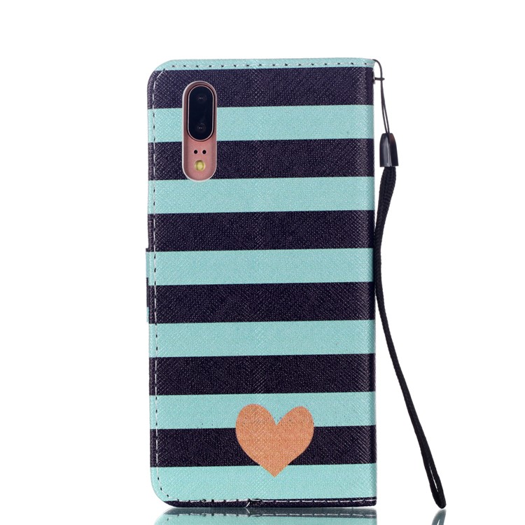 Patterned Leather Wallet Stand Cover with Lanyard for Huawei P20 - Stripes and Hearts-2