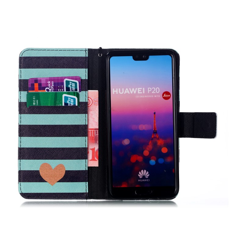 Patterned Leather Wallet Stand Cover with Lanyard for Huawei P20 - Stripes and Hearts-3