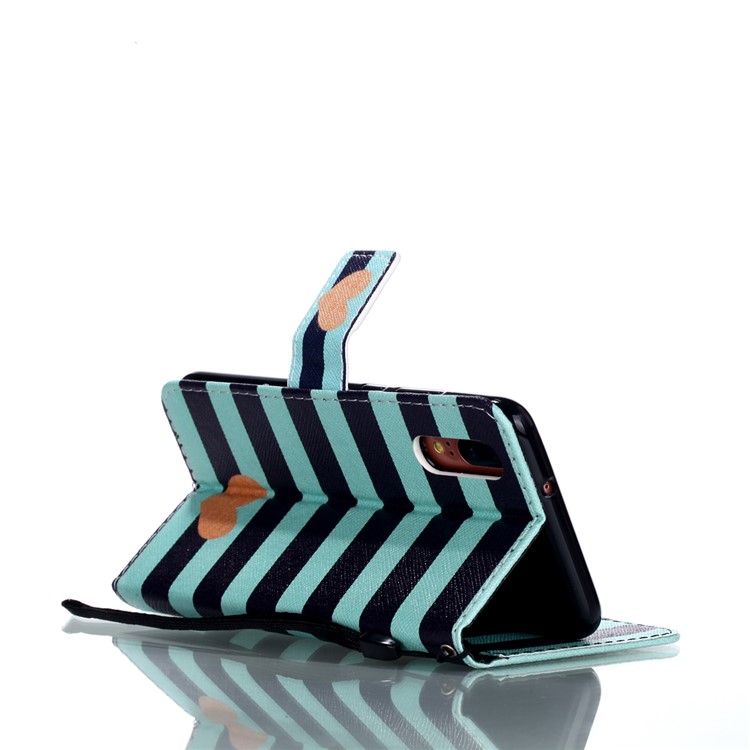 Patterned Leather Wallet Stand Cover with Lanyard for Huawei P20 - Stripes and Hearts-5